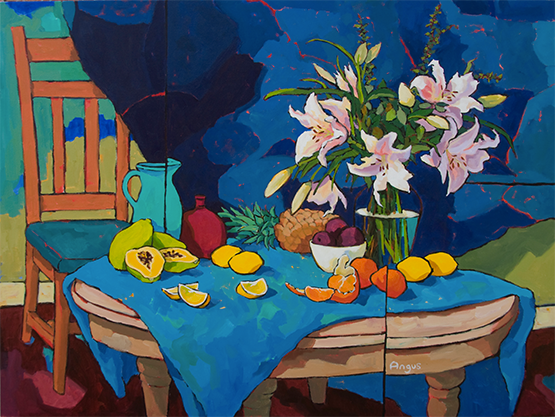 Stargazer lillies with fruit and chair